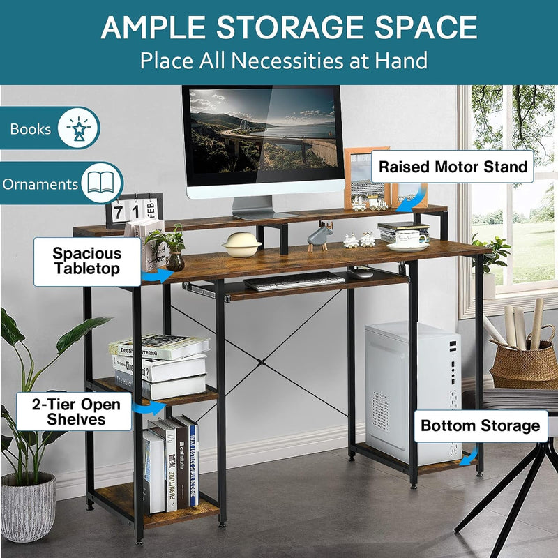 COSTWAY Computer Desk, 47’’ Home Office Table with Hutch, Book Shelves, Pull-Out Keyboard Tray, Monitor Stand, Industrial Writing Laptop Desk, for Workstation, Rustic Brown