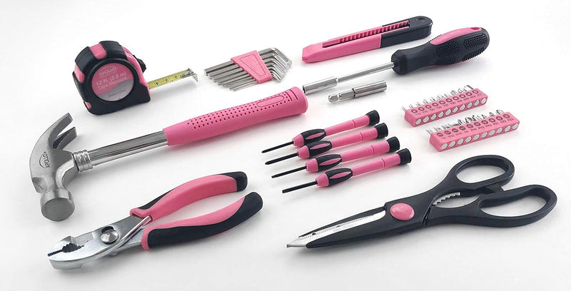 Apollo Tools Original 39 Piece General Household Tool Set in Toolbox Storage Case with Essential Hand Tools for Everyday Home Repairs, DIY and Crafts - Pink Ribbon - Pink - DT9706P