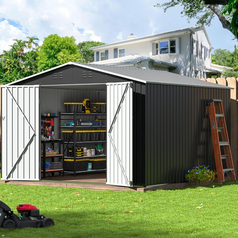 10X10 FT Outdoor Storage Shed, Garden Shed with Updated Frame Structure and Lockable Doors, Metal Tool Sheds for Backyard Garden Patio Lawn, Grey