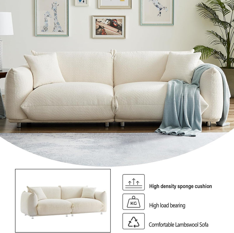 3 Seater Oversized Cloud Couch Loveseat Sofa with 2 Pillows, Comfy Sherpa Lambswool Fabric Minimalist Modular Sectional Sofa Couches with Metal Legs for Small Spaces Living Room Apartment, White