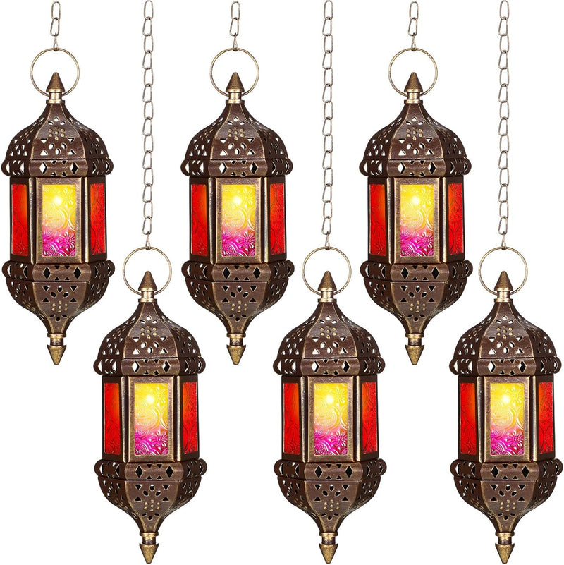 6 Pcs Hanging Moroccan Lantern Hanging Hexagon Decorative Moroccan Candle Lantern Holders Hanging Candle Lantern Indoor Outdoor Candle Holder for Patio Weddings Christmas Decoration