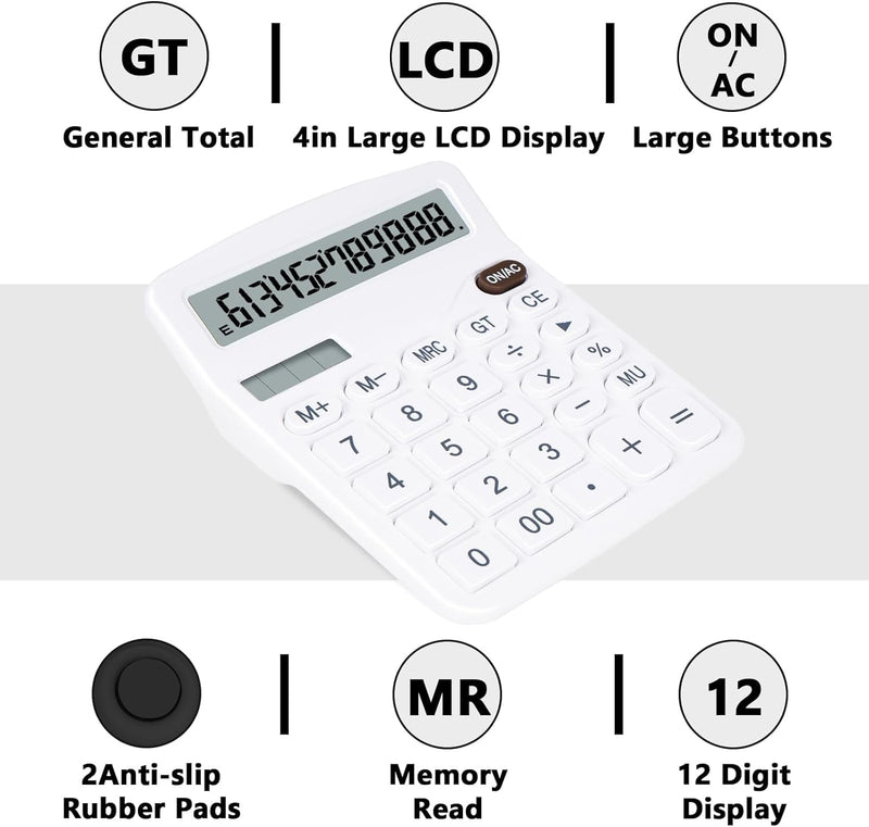 Cute White Desktop Calculator with Big Buttons, Dual Power Source, Solar and Battery, Large Display Screen - Perfect for Office, Teachers, and Students (White)