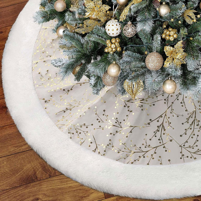 Christmas Tree Skirt, Gold White 48 Inch Faux Fur Plush Christmas Decorations Tree Base Mat Thick Velvet Rugs for Holiday Home Decor Party Xmas