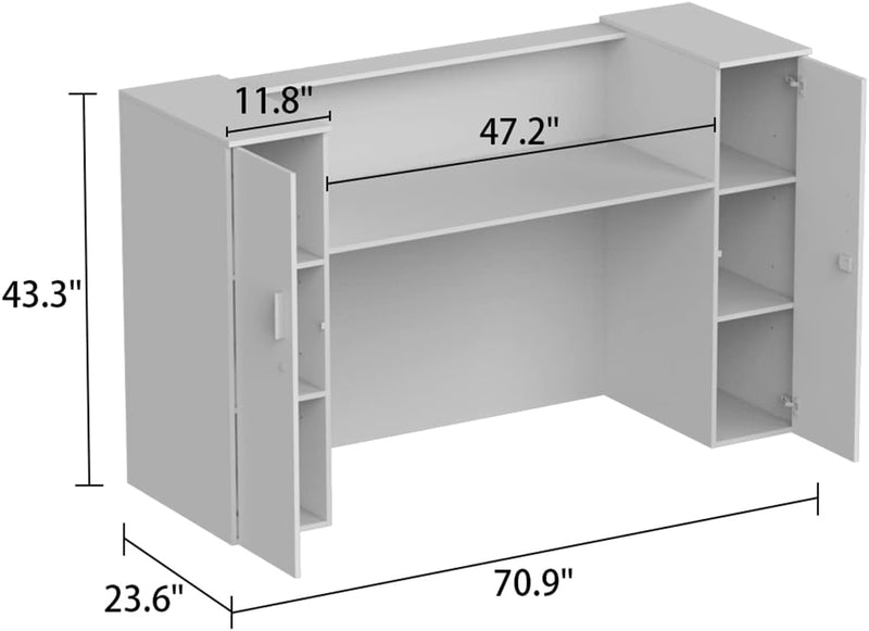 Homsee Modern Reception Desk Counter with 2 Lockable Doors & 6 Storage Compartments, Office Wooden Computer Desk with 2 Cabinets & Adjustable Shelves, White and Brown (70.9”L X 23.6”W X 43.3”H)