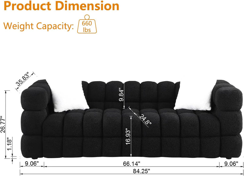 Cloud Couch, 84" Modern Sectional Couches for Living Room Set, 3 Seater Sofa with 2 Accent Pillows, Comfy Boucle Fabric, Black