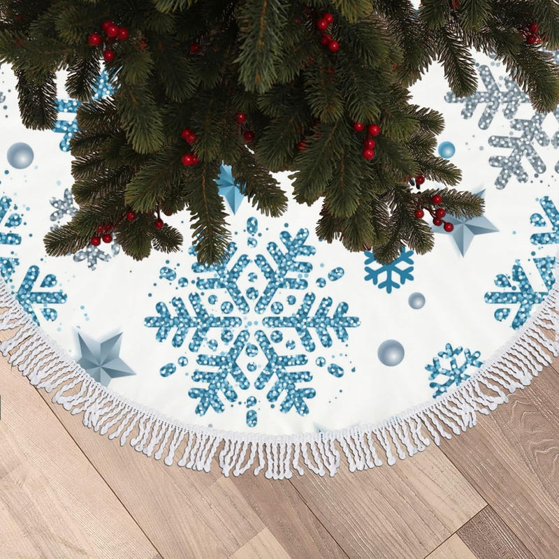 30 Inch Small Christmas Tree Skirts Silver Blue Snowflake Christmas Decorations Tree Mat Holiday Party Home Decoration with Tassel