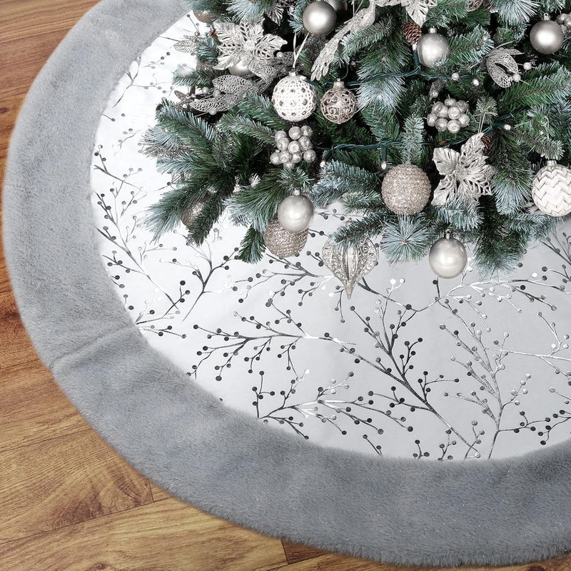 Christmas Tree Skirt, Gold White 48 Inch Faux Fur Plush Christmas Decorations Tree Base Mat Thick Velvet Rugs for Holiday Home Decor Party Xmas