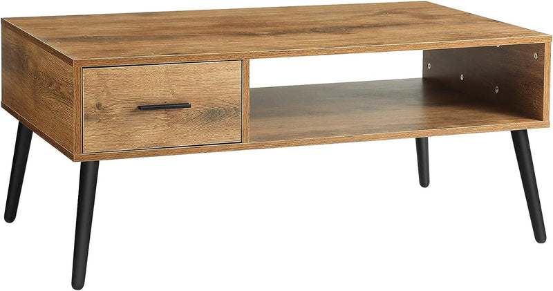 HAIOOU Coffee Table, Mid Century Modern Style Cocktail Table TV Stand with Drawer, Open Storage Shelf, Stable Floor-Anti-Scratching Pine Leg for Home, Office, Living Room