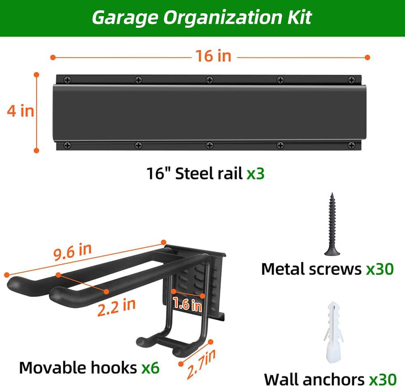 Garage Organization, Garage Tool Organizer Wall Mount with 48 Inches Rails and 6 Double-Layer Hooks, Garden Tool Rack Heavy Duty, Garage Hanging Storage Rack for Yard Tools, Shovel, Shed