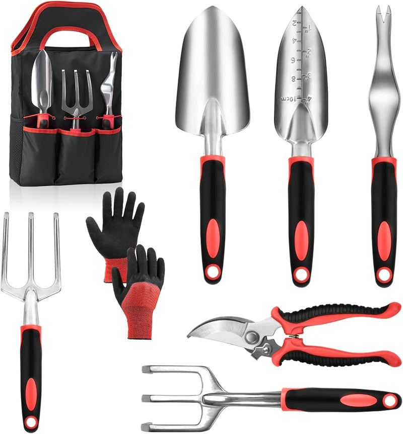 Ensemble d'outils de jardin avec poignée en caoutchouc antidérapante, 8 pièces en acier inoxydable, outils à main d'extérieur robustes, sac de rangement durable, outil de désherbage pour déracinement, cadeaux pour femmes et hommes (rouge)