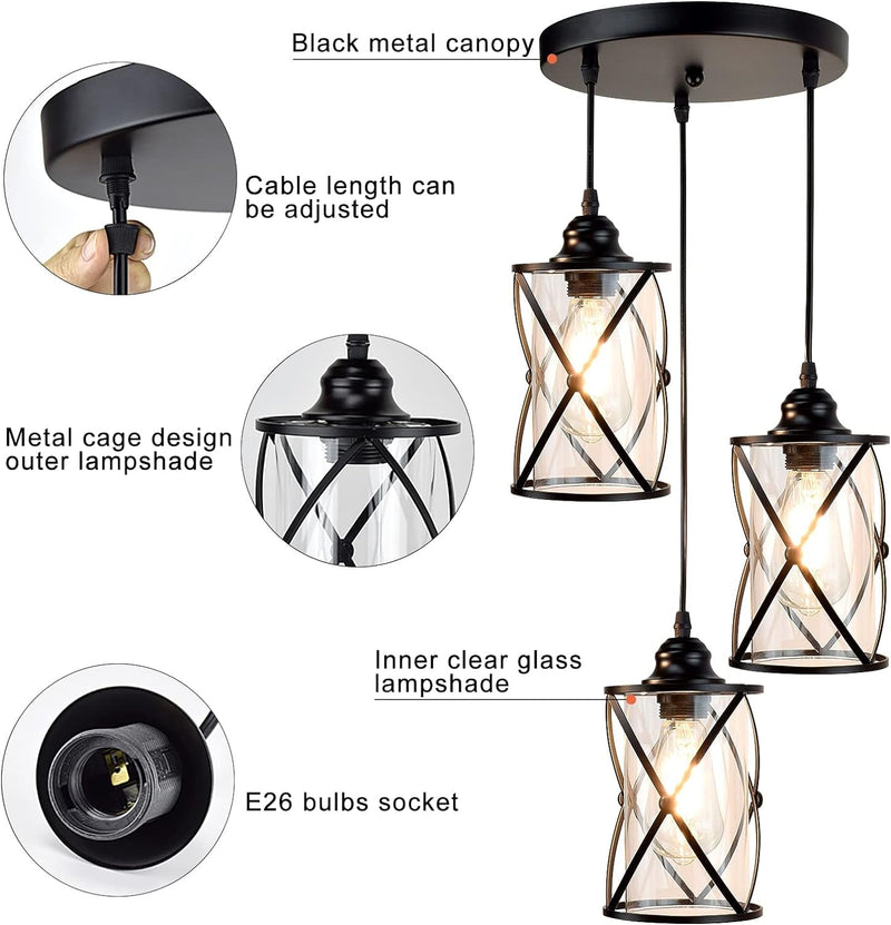 DLLT 3-Light Industrial Pendant Light, Black Metal Cage Hanging Chandelier Lights with Glass Shade, Vintage Style Flush Mount Swag Lighting Fixture for Kitchen/Dining Room/Hallway/Bedroom, E26 Base