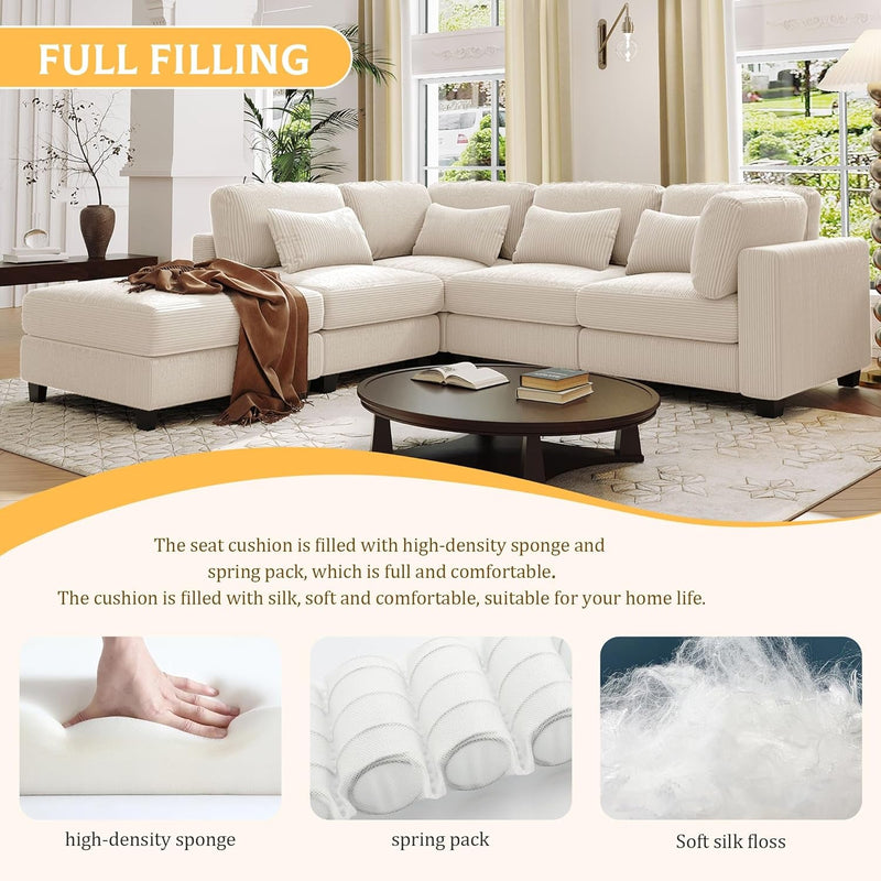 Convertible Sectional Couch, 5 Seater L-Shaped Sofa with Movable Ottoman and Solid Wood Legs, Modular Sofa&Couch for Small Apartments, Living Room and Office, Beige 99.6" 95.4"