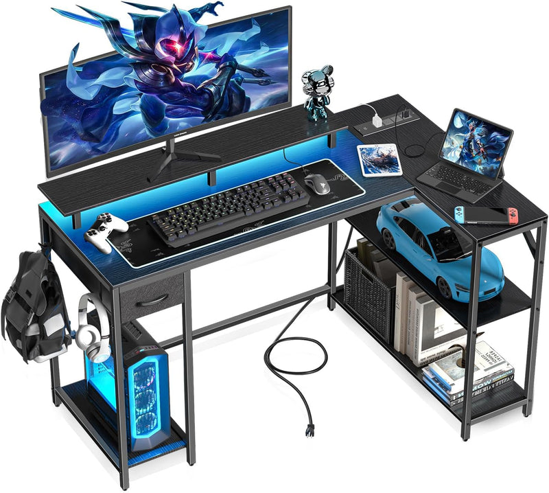 47 Inch L Shaped Gaming Desk with Drawers & Shelves, Reversible Computer Corner Desk with Power Outlet and LED Light for Home Office Bedroom, L-Shaped Teen PC Gaming Desks with Hook & Monitor Stand