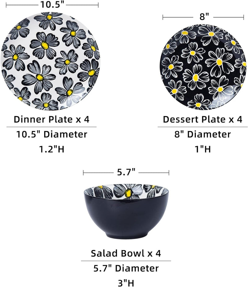 12-Pieces Dinnerware Set Ceramic Dish Set Plates Sets Service for 4, Bowl Sets, Stoneware Dinnerware Sets, 12Pcs Plate and Bowl Set for Kitchen