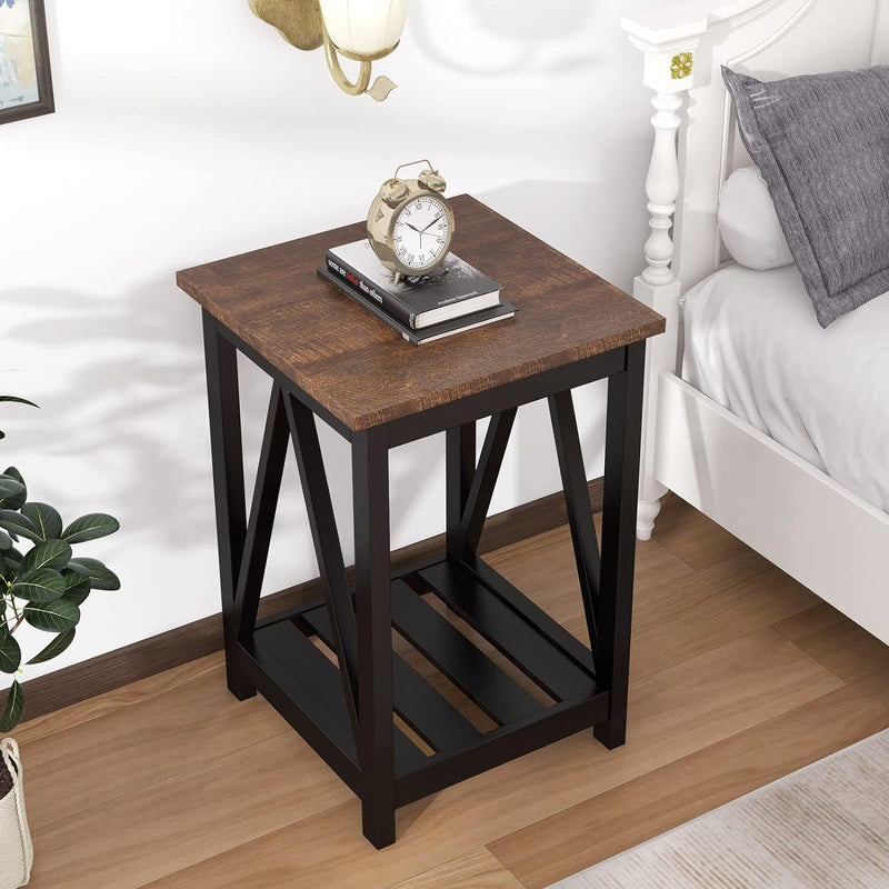 Choochoo Farmhouse End Table, Rustic Vintage End Side Table with Storage Shelf for Small Spaces, Nightstand Sofa Table for Living Room, Bedroom Black 2 Pack