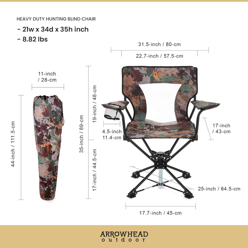 ARROWHEAD OUTDOOR 360° Degree Swivel Hunting Chair Stool Seat, Perfect for Blinds, No Sink Feet, Large Cup Holder, Carrying Case, Steel Frame, Camo, Fishing, High-Grade 600D Canvas, Usa-Based Support