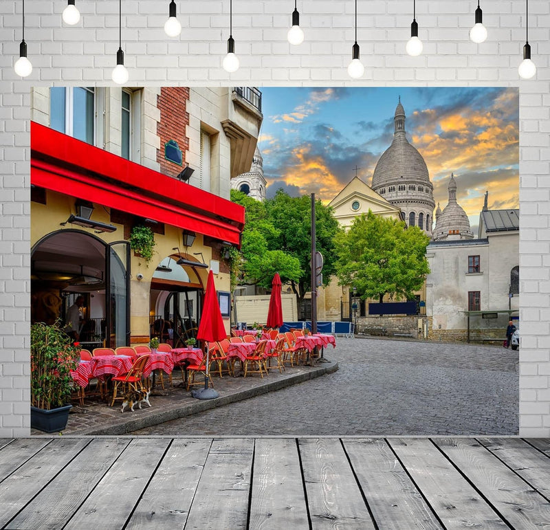 BELECO 10X6.5Ft Fabric Paris Street Cafe Backdrop for Photography Montmartre Cafe Restaurant Cathedral France Landmark Background Paris Theme Party Decorations Portrait Photoshoot Photo Studio Props