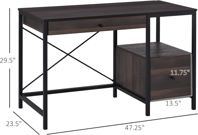 HOMCOM Industrial Style Home Office Desk with Filing Cabinet Storage Drawer for Letter Size Papers and Steel Frame, Black/Walnut