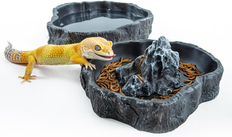 2 Pack Large Reptile Food Bowl and Water Bowl Set, Drowning Prevention Reptile Water Dish and Reptile Food Dish with Simulated Rockery, Reptile Feeder Terrarium Decoration Bowls