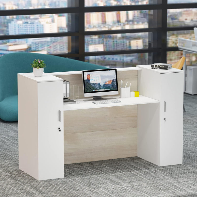 Homsee Modern Reception Desk Counter with 2 Lockable Doors & 6 Storage Compartments, Office Wooden Computer Desk with 2 Cabinets & Adjustable Shelves, White and Brown (70.9”L X 23.6”W X 43.3”H)