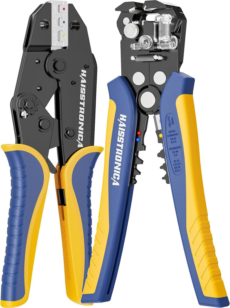 Haisstronica Wire Stripper and Crimping Tool,Awg 24-10 Automatic Stripper Tool with AWG 22-10 Ratchet Wire Crimper for Heat Shrink Connectors