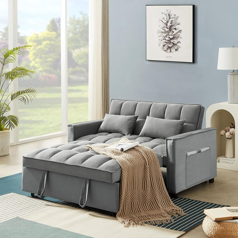 3-In-1 Convertible Velvet Sofa Bed Loveseat with Reclining Backrest, Toss Pillows, Pockets - for Living Room, Beige