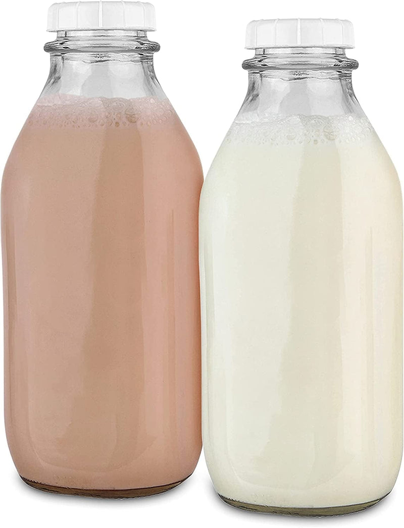32-Oz Glass Milk Bottles with 8 White Caps (4 Pack) - Food Grade Milk Jars with Lids - Dishwasher Safe - Bottles for Milk, Buttermilk, Honey, Maple Syrup, Jam, Barbecue Sauce- Stock Your Home Home & Garden > Decor > Decorative Jars Stock Your Home 2 32 oz 