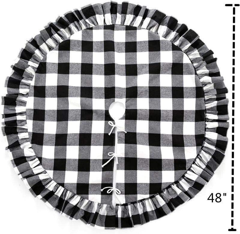 48 Inch Buffalo Plaid Christmas Tree Skirt Large Black White Plaid Tree Skirt Xmas Ornaments for Christmas Holiday Party Decorations (Ruffle-Black White)