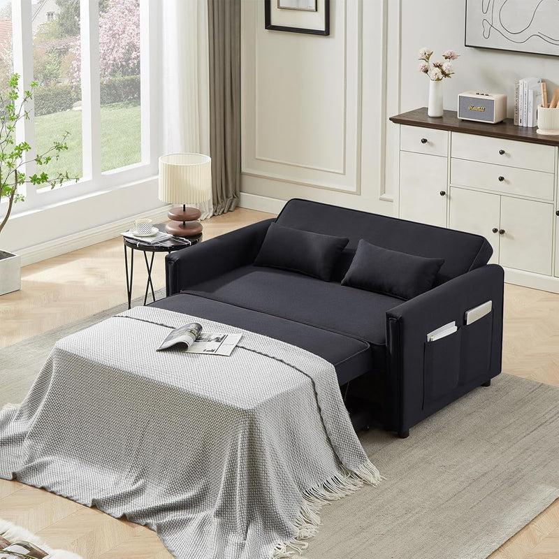 3-In-1 Convertible Sleeper Sofa Bed,54" Modern Linen Pull Out Couch Bed,Comfy Futon Small Love Seat Sofa with Adjustable Backrest&Pillows for Living Room,Bedroom,Apartment(Black)