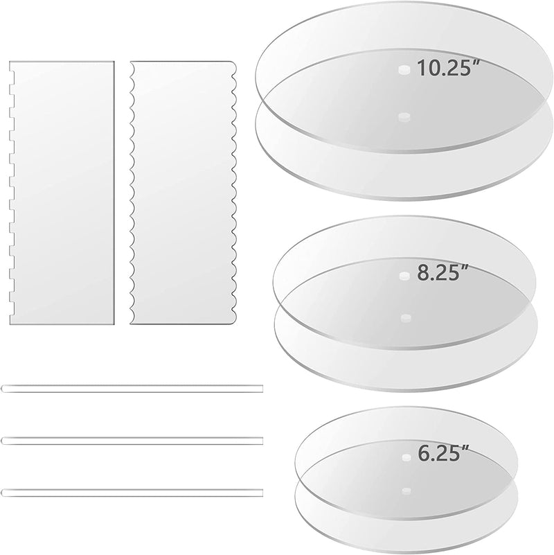 Boyun Acrylic Cake Disk Set, 3-Piece (6.25'' + 8.25'' + 10.25''), Includes Comb Scrapers, Dowel Rods, Bpa-Free