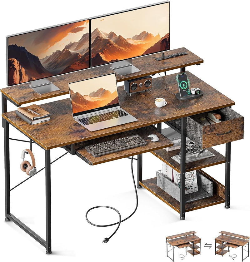 AODK Small Computer Desk with Keyboard Tray, 40 Inch Office Desk with Power Outlet, Work Desk with Drawer, Reversible Desk with Adjustable Monitor Shelf and Storage Shelf for Home, Rustic Brown