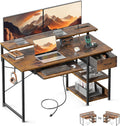 AODK Small Computer Desk with Keyboard Tray, 40 Inch Office Desk with Power Outlet, Work Desk with Drawer, Reversible Desk with Adjustable Monitor Shelf and Storage Shelf for Home, Rustic Brown