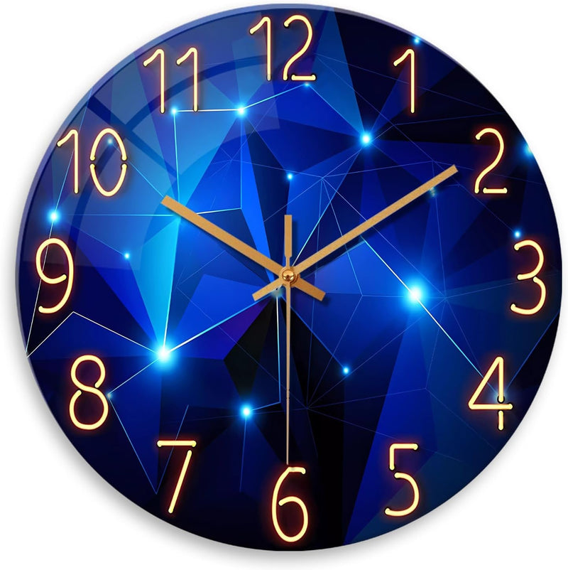 Blue Wall-Clocks for Living Room Decor - Kitchen Clocks Wall Battery Operated - 12 Inch round Glass Decorative Wall Clock Non Ticking