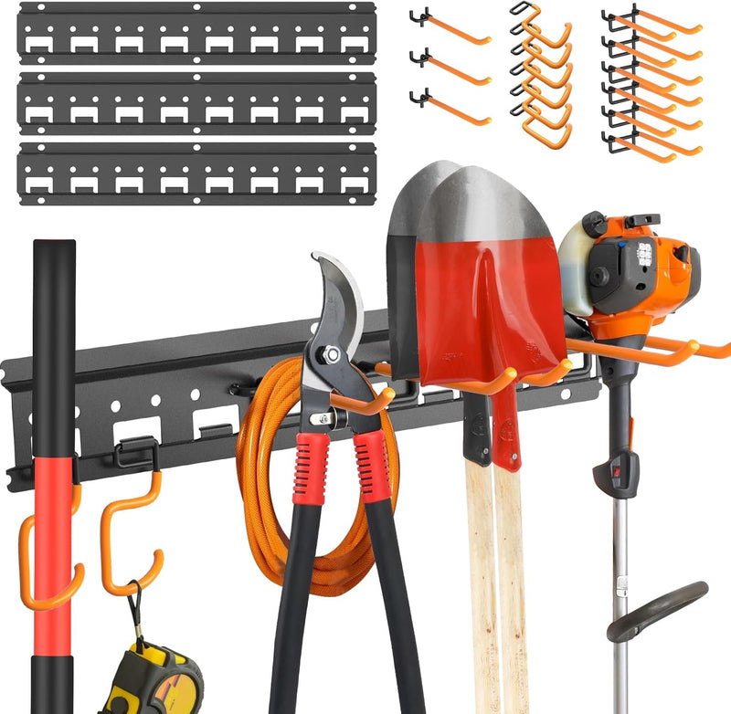 Garage Tool Organizer Wall Mount - Heavy Duty Garage Storage and Organization Garden Tool Organizer with Adjustable Pegboard Hooks Yard Shed Rack for Broom Mop Shovels Rake Trimmers, 48 Inch