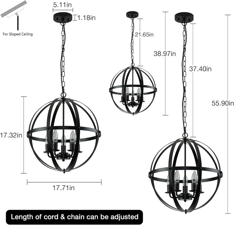 Dumaiway Industrial Pendant Hanging Light, 5-Light Farmhouse Rustic Pendant Light Adjustable Hanging Vintage Spherical Metal Shade for Dining Room, Kitchen, E12 Base Black