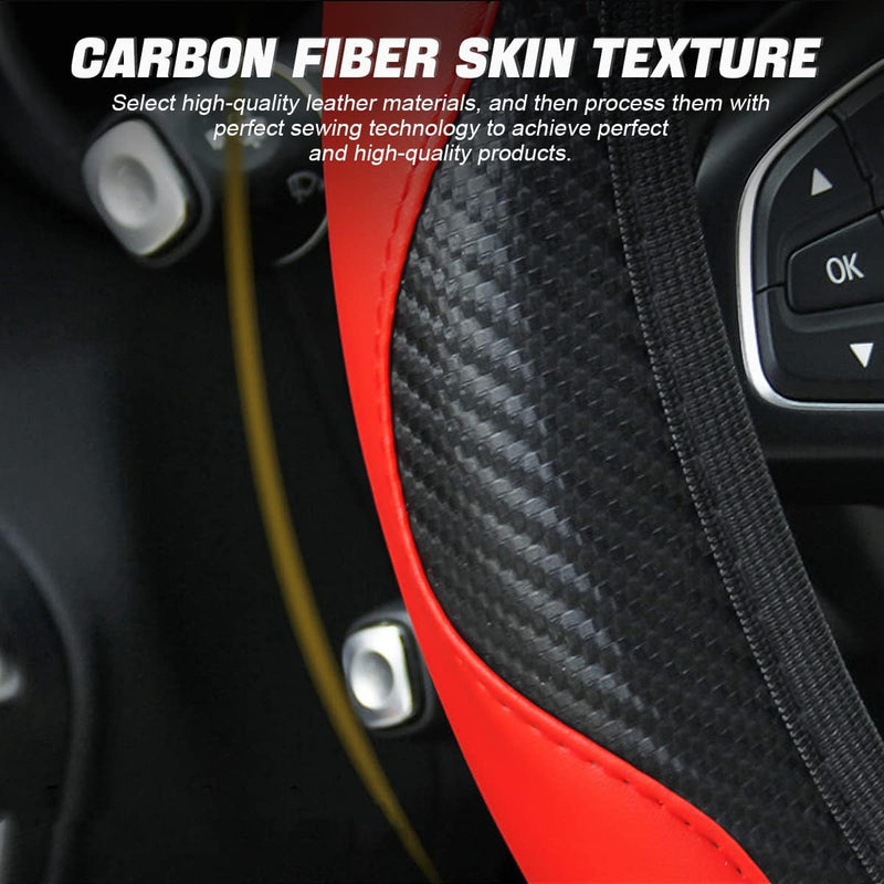 Car Steering Wheel Cover, Microfiber PU Leather Elastic Carbon Fiber Auto Steering Wheel Protector, 15 Inch Breathable Anti-Slip for Women Men, Car Interior Accessories for Most Cars (Black/Red)