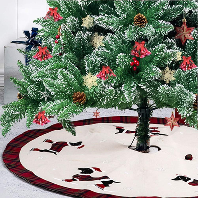 Glitzhome Christmas Tree Skirt 48" Fabric Dachshund Pattern Plaid Edge Large round Tree Skirt for Holiday Xmas Party Decorations