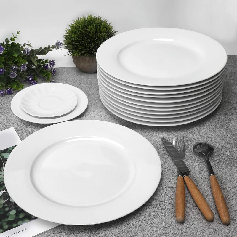 Amhomel 12-Piece White Porcelain Dinner Plates, round Dessert or Salad Plate, Serving Dishes, Dinnerware Sets, Scratch Resistant, Lead-Free, Microwave, Oven and Dishwasher Safe (10.5-Inch)