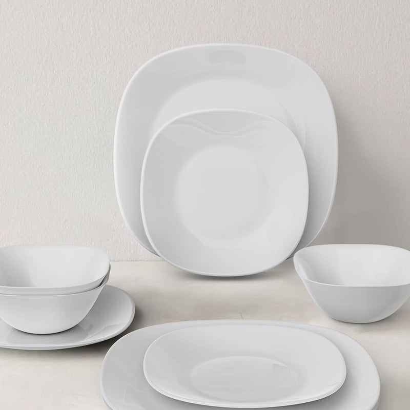 Dinnerware Set, MEKY 18-Piece Opal Dishes Sets Service for 6,Square Plates and Bowls Set-White