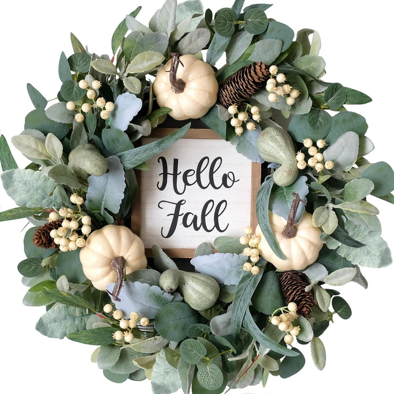 20Inch Fall Wreath Pumpkin Wreath Harvest Wreath Green Leaf Wreath Hello Fall Sign Wreath Front Door Back Door Hallway Decorative Wreath Thanksgiving Harvest Festival Celebration Wreath