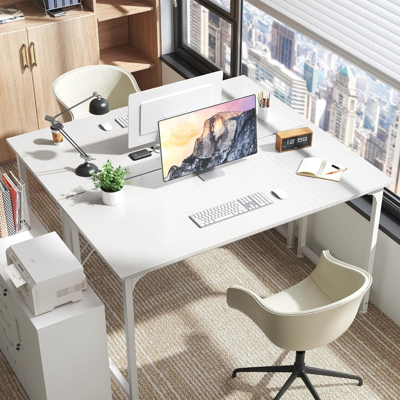 Computer Desk, 55 Inch Office Desk, Gaming Desk with Storage, Writing Desk Work Desk for Home Office, Study, Modern Simple Desk, Large Legroom, Metal Frame, White