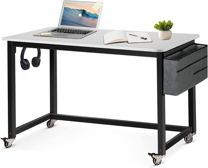 AHB 47" Rolling Computer Desk with 4 Smooth Wheels and 3 Iron Hooks, Simple Style Mobile Writing Desk Home Office Study Table Movable Workstation with Metal Frame