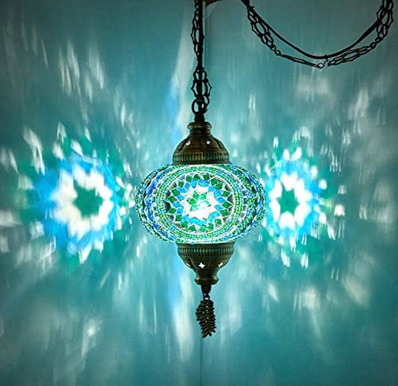 DEMMEX Authentic Turkish Plug in Light, Handmade in Turkey, 6.5" Globe, Turkish Moroccan Mosaic Swag Plug in Ceiling Hanging Pendant Light Fixture, 15Ft Cord & Decorated Chain (Green)