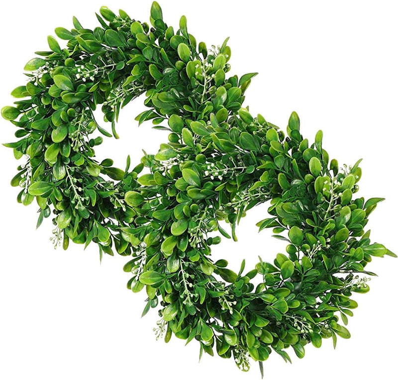 4 Packs Artificial Green Leaves Wreath - 11 Inch Artificial Boxwood Wreaths with White Flower for Window Wall Wedding Decor