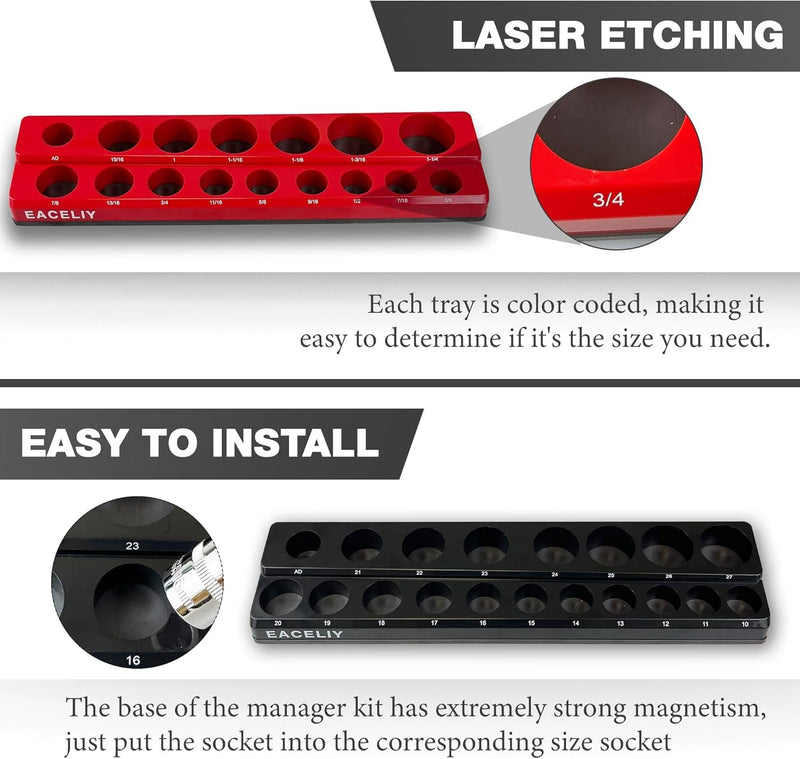 6Pcs Magnetic Socket Organizer Set, 1/2", 1/4" and 3/8" SAE & Metric Deep & Shallow Socket Holder Kit, Socket Trays，Holds 143Pcs Sockets (Sockets Not Included)
