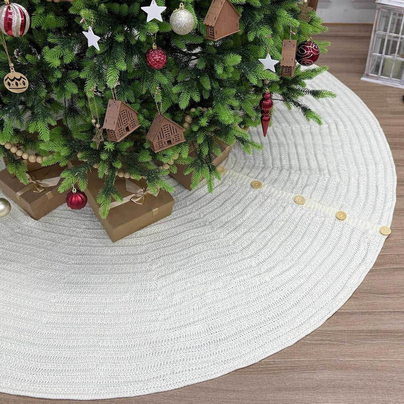 48-Inch Rib Knit Christmas Tree Skirt with Oak Buttons, Cream White