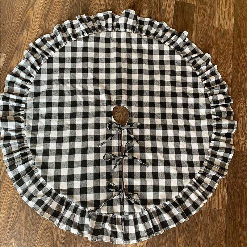 Christmas Tree Skirt Cotton Buffalo Plaid Black and White 48 Inch Ruffle for Xmas Holiday Tree Decorations