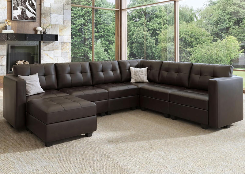 HONBAY Modular Sectional Couch with Storage Faux Leather Convertible Modular Sectional Sofa U Shaped Couch with Ottomans and Chaises Faux Leather 7-Seater Sectional Sofa for Living Room, Brown