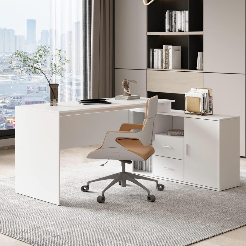 Homsee Home Office Computer Desk Corner Desk with 2 Drawers and 2 Open Cubes, 55 Inch Large L-Shaped Study Writing Table with Storage Cabinet, White (55.1”L X 47.2”W X 29.5”H)