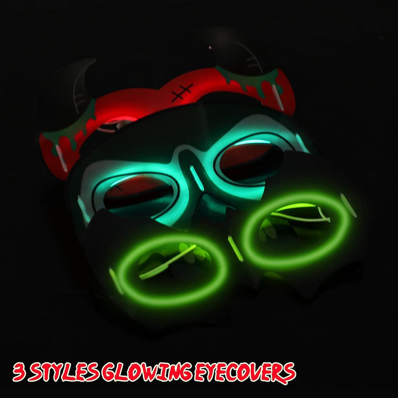 DERAYEE 3Pcs Halloween Costume Mask for Kids, Skeleton Bat Devil Halloween Eye Mask with 6 Glow Sticks Glow in the Dark Party Supplies for Kids Costume Cosplay Halloween Party Favor Supplies